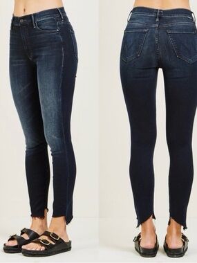 MOTHER The Stunner Zip Two Step Fray Jeans- Blue High-Rise Cropped Skinny